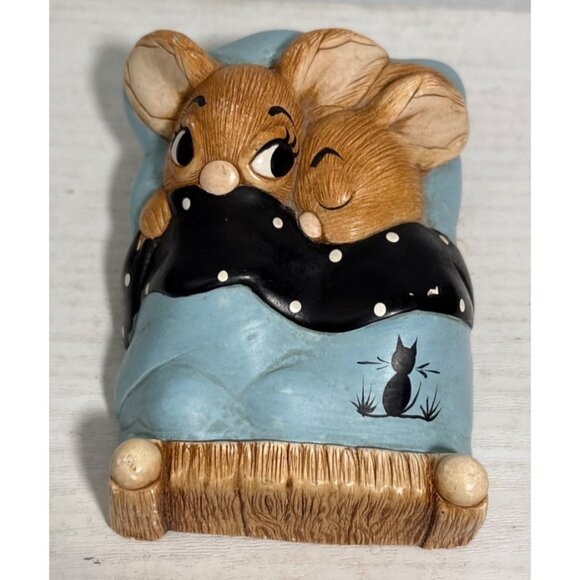 Pendelfin Rabbits Figurine Twins Bunnies in Bed Cat Blanket Stonecraft England - Picture 3 of 15
